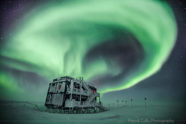 Aurora in the sky above the Atmospheric Research Observatory at the South Pole Station Antarctica.
