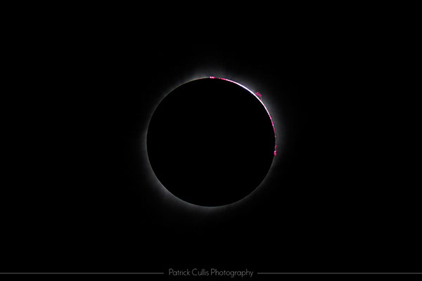 Red solar prominences on the limb of the sun during the August 21, 2017 total solar eclipse.